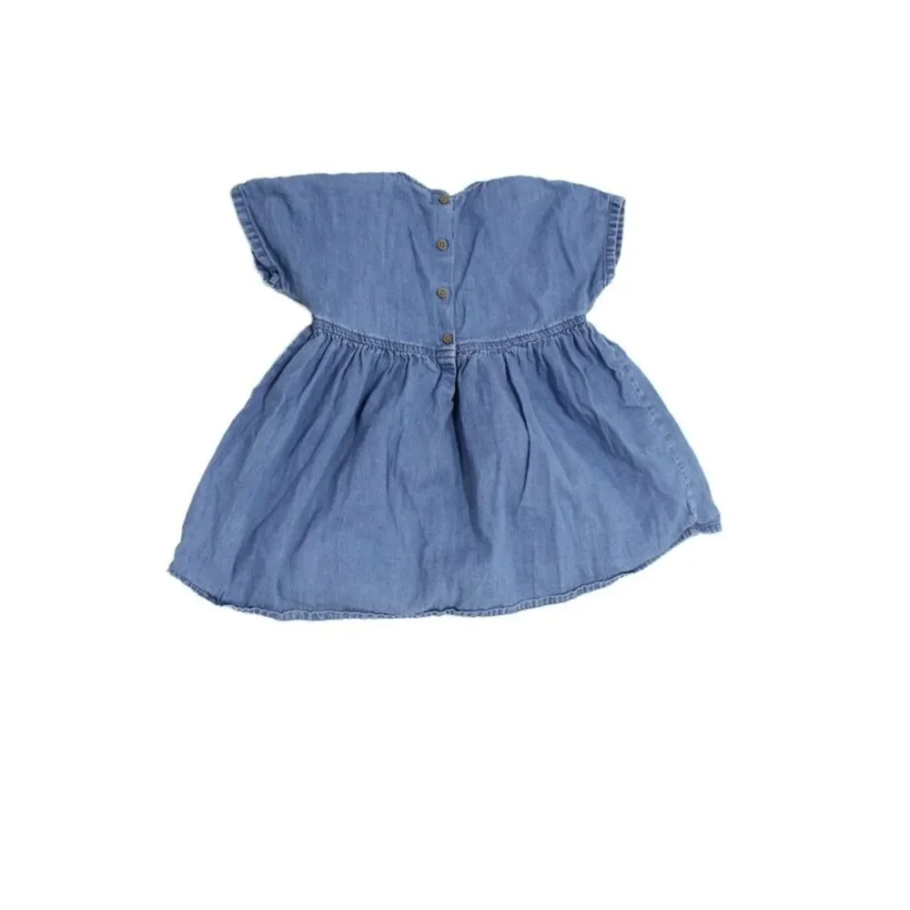 Next Girls Cotton Embroidered Floral Denim Dress Blue Size 2-3y